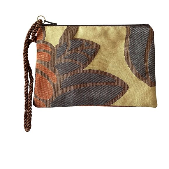 Handbags - Women's brown orange tan zippered wristlet pouch clutch bag rope wrist strap